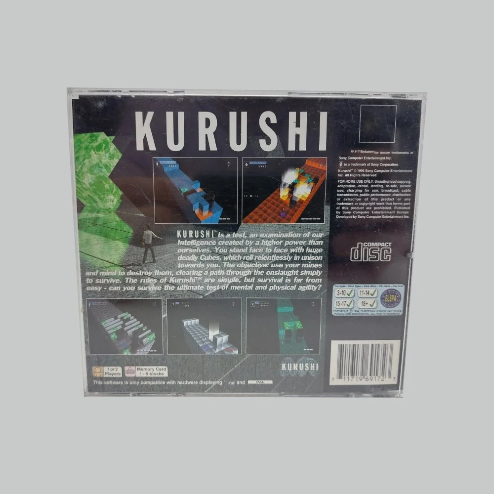 PS 1 The Kurushi مع لعبة قرص النسخ اليدوي، محطة وحدة التحكم بفتحة سفلية سوداء، 1 جزء لعبة فيديو للسائق الضوئي القديم