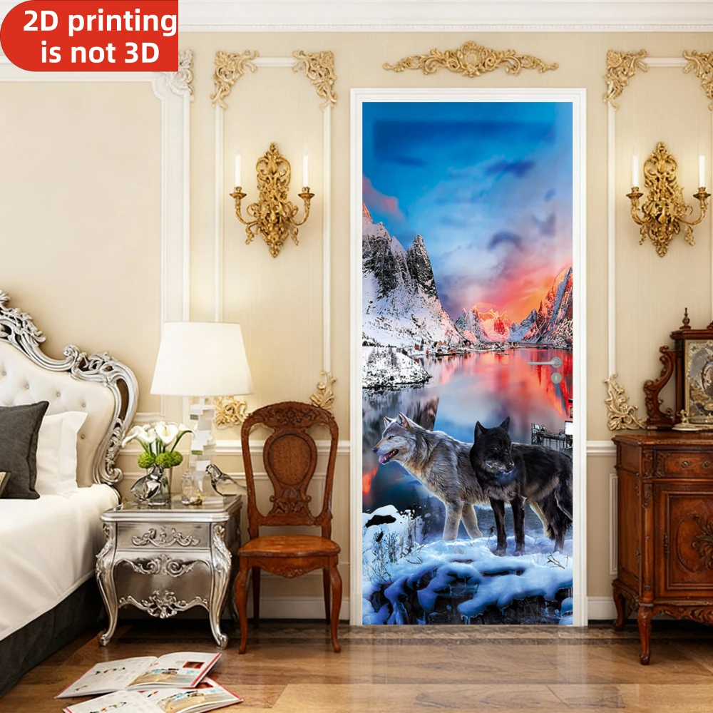 Self-adhesive Two Wolves Snowy Mountain Landscape Vinyl Door Fridge Cover Wallpaper Home Decor