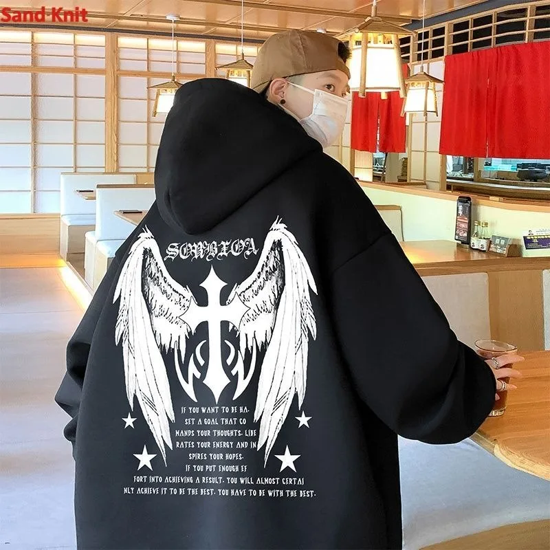 Dark Cross Wings Devil Pattern Punk Hoodies Khaki Oversized Sweatshirt Men's Hip Hop Streetwear Autumn Winter Tops K Pop Clothes