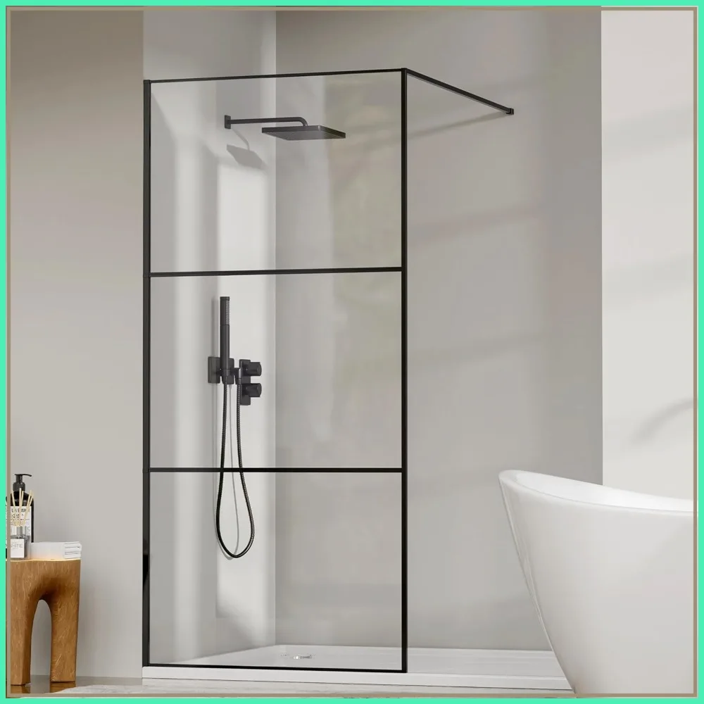 36"x75" Clear Tempered Glass Shower Panel, Matte Black Frame, Adjustable Bars & 3-Piece Pattern