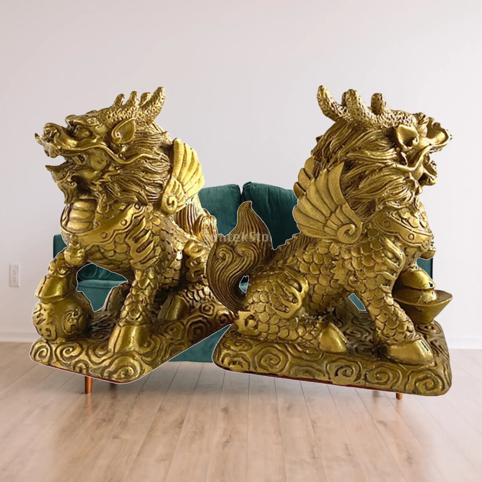 2Pcs Kylin Statue Kylin Figurines Modern Brass Animal Sculptures Feng Shui for Bookshelf Living Room Tabletop Home Decoration