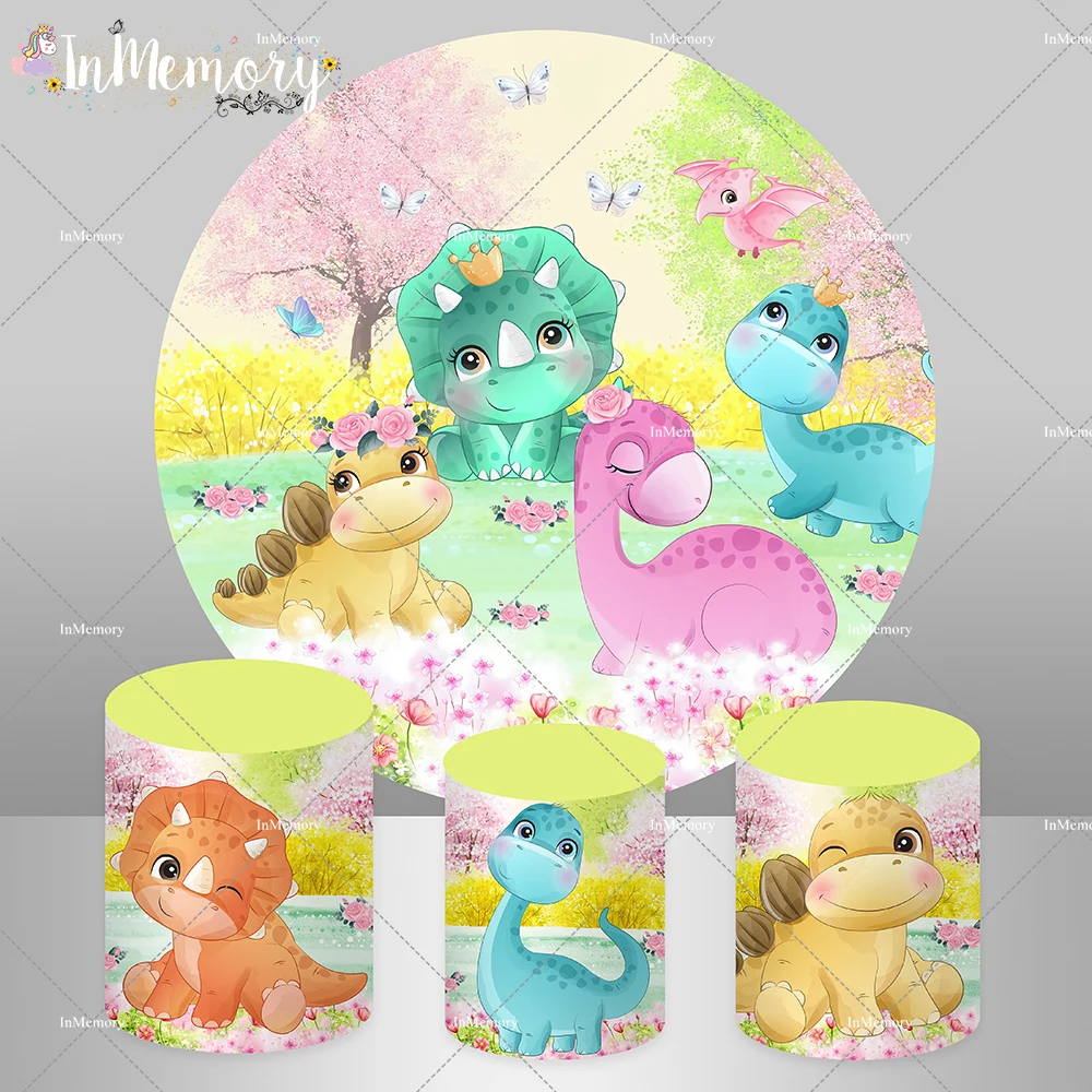 Fondo redondo de flores de primavera para bebé y niña, decoración de fiesta, cubierta de cilindro de mesa de pastel, Fondo de dinosaurio de dibujos animados