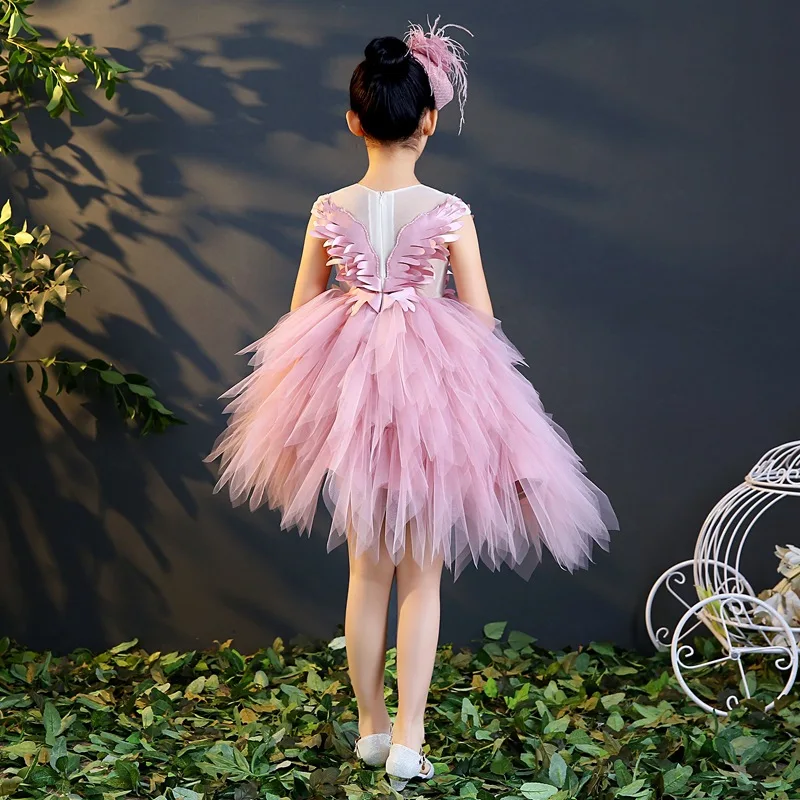 Swan Crystal Tulle Flower Girl Romantic Wedding Banquet Dress Beads Girl Princess Evening Dress Kids Girl First Communion Gown