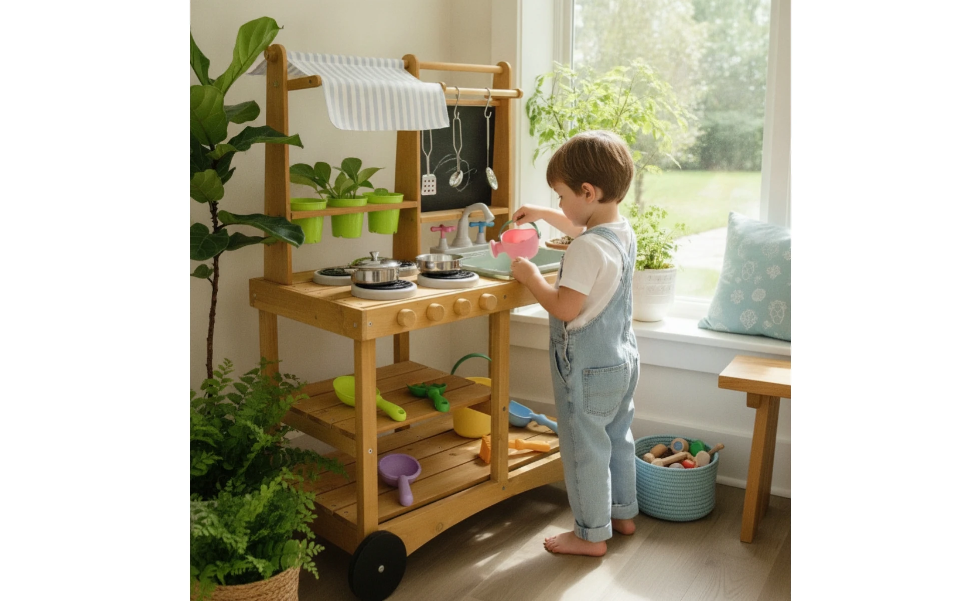 Wooden Play Kitchen with Canopy Interactive Pretend Kitchen Playset Mobile Toy Kitchen for Outdoor Playroom Use