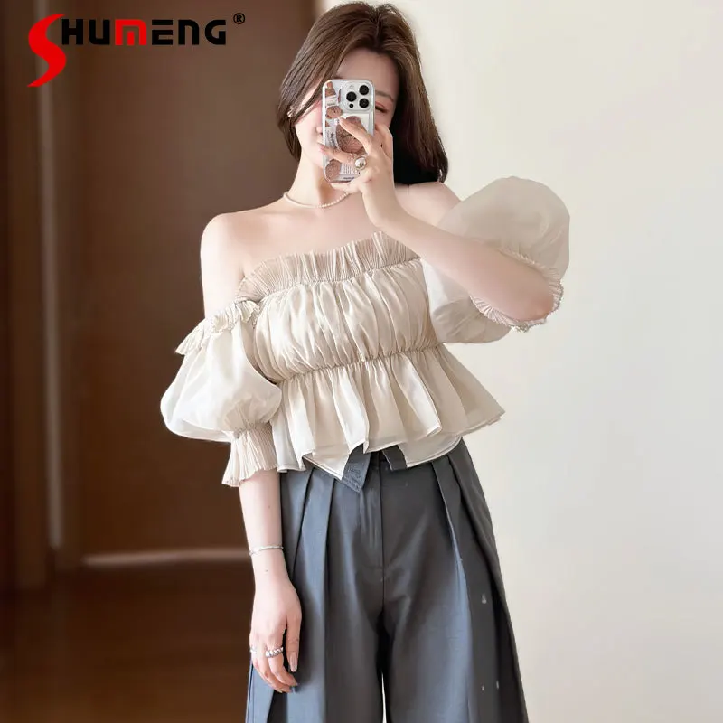 Japanese Sweet Elegant Off-Shoulder Backless Pleated Ruffled Puff Sleeve Slim Fit Short Chiffon Blouses Shirt for Women Summer