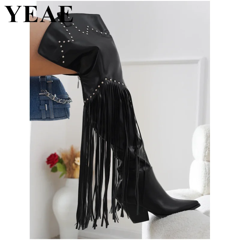 

Western Tassel Rivet Cowgirl Cowboy Boots For Women Pointed Toe Thigh High Boots Female Chunky High Heels Over The Knee Boots