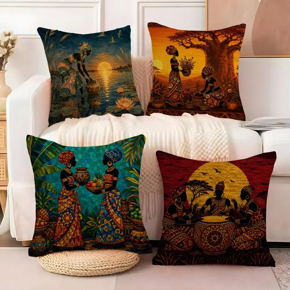 African Folk Wall Art Cushion Cover Case Anti-dustmite Pillowcase Invisible zipper silky short plush Sofa cushion cover