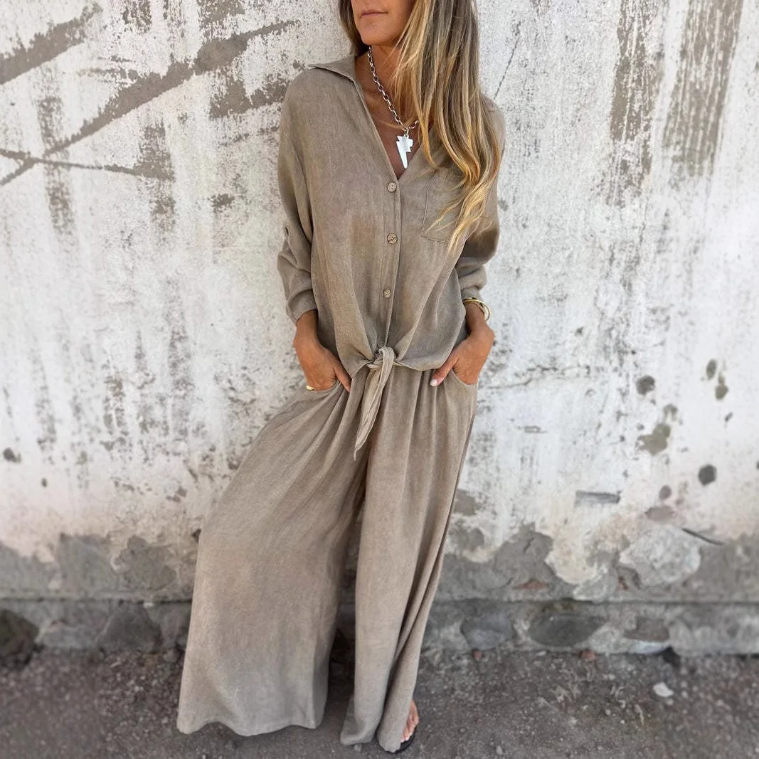 

Casual Commuter Two Piece Set Spring Fashion Loose Lapel Single Breasted Long Sleeved Shirt High Waist Wide Leg Pants Suit Women