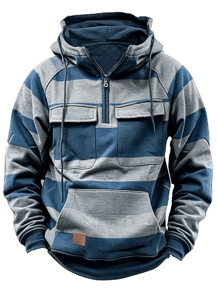Men's Half Zip Up Hoodie Color Block Striped Long Sleeve Casual Loose Fit Pullover Sweatshirt