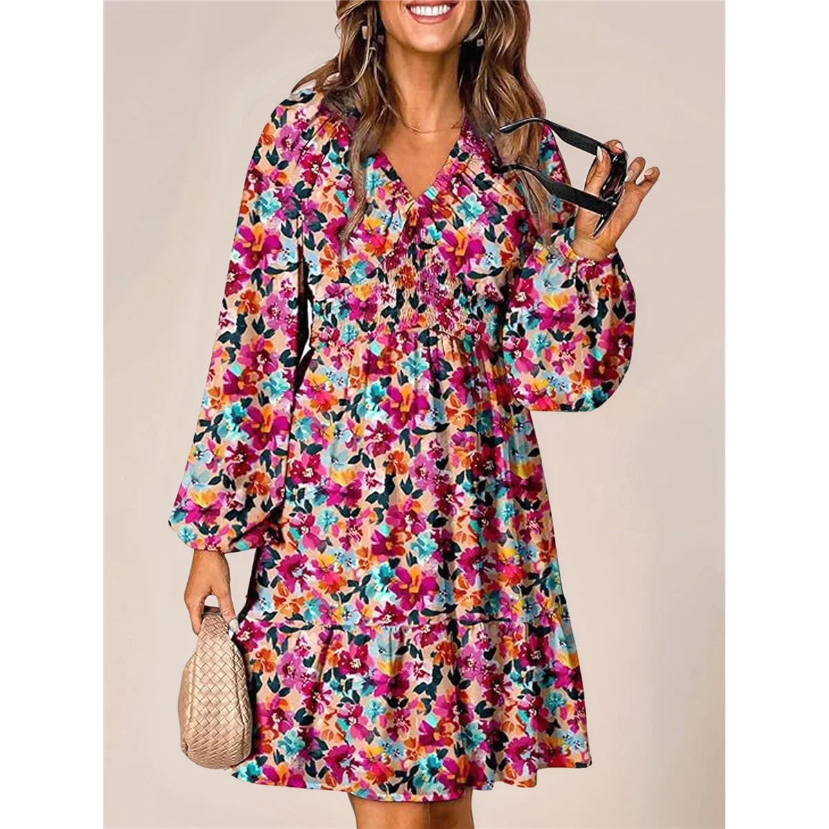 CGS-Donna Autunno Boho Floreale Scollo a V Manica lunga Smocked Elastico in vita Casual A-Line Mini abito prendisole