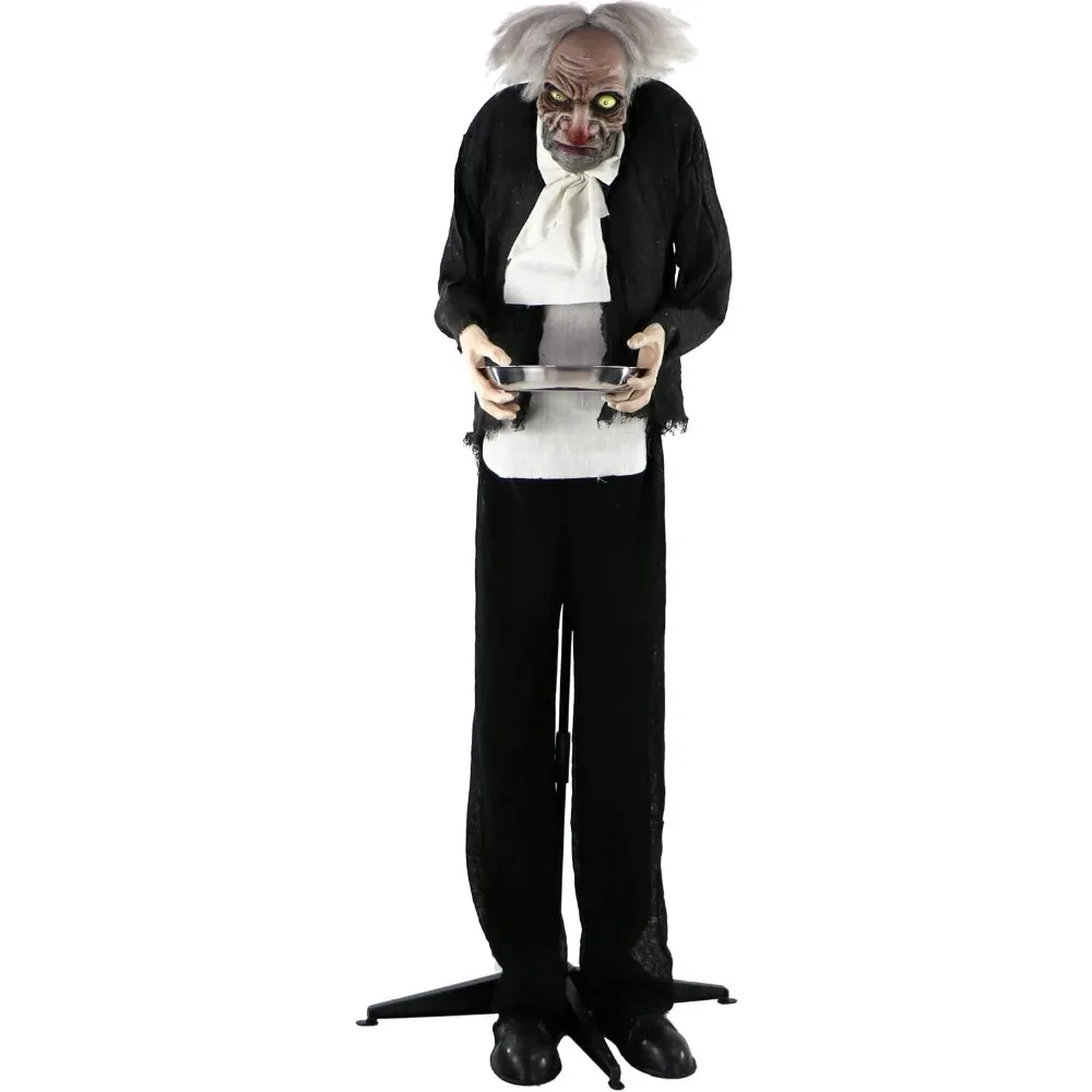 Life-Size Halloween Animatronic, Zombie Butler Holding Tray with Touch Activated Motion , Indoor or Covered Outdoor Halloween