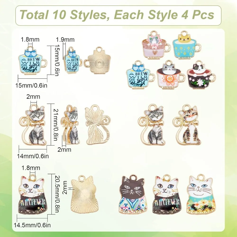 1 Box 40Pcs 10 Styles Cat Enamel Charms Coffee Cup Charm Bulk Alloy Kitten Charm Cute Pets Tea Cups Charm for Jewelry Making