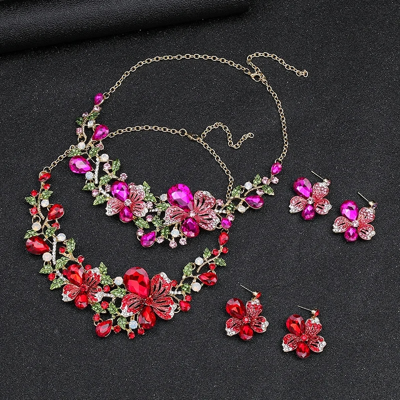 Luxury Necklace Earrings Two Piece Set Of Colorful Flower Bride Accessories