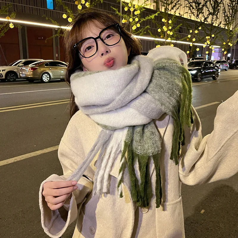 New Turquoise Green Imitation Cashmere Scarf Super Thickened Mohair Women\'s Winter High-end Tassel Luxury Scarves Women