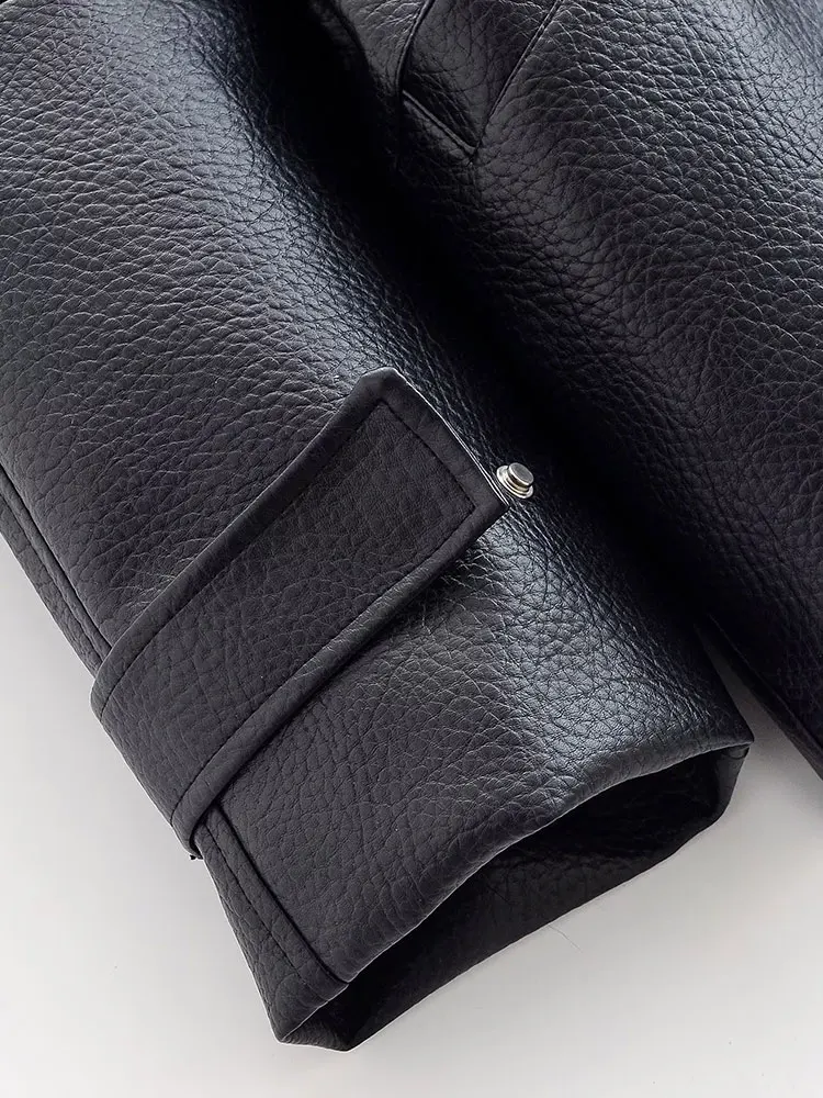 TFAFXY 여성 가죽 재킷 블랙 긴 소매 지퍼 포켓 스탠드 칼라 여성 코트 2026 봄 가을 신상 아우터 Y2K