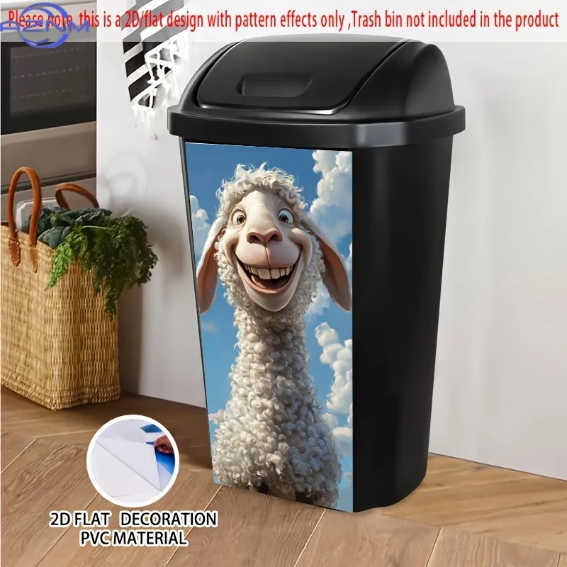 1pc UJoli Self-Adhesive Dustbin Stickers - Smiling Cartoon Sheep Design, Durable PVC .01x cm, Easy Peel & Stick for Trash Cans
