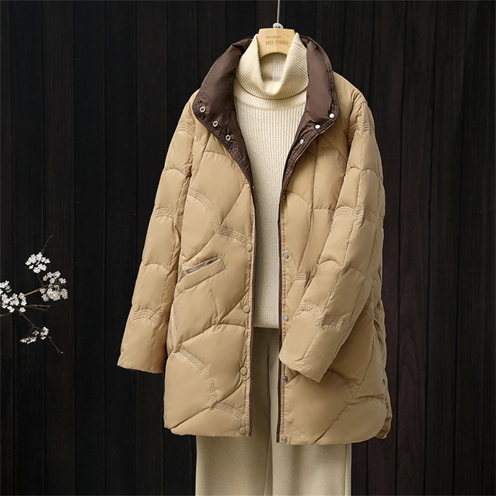 Autumn Winter New Lightweight Down Coat Women's Mid-length Loose Stand-up Collar Down Jackets Warmth Korean Fashion Coats Gift