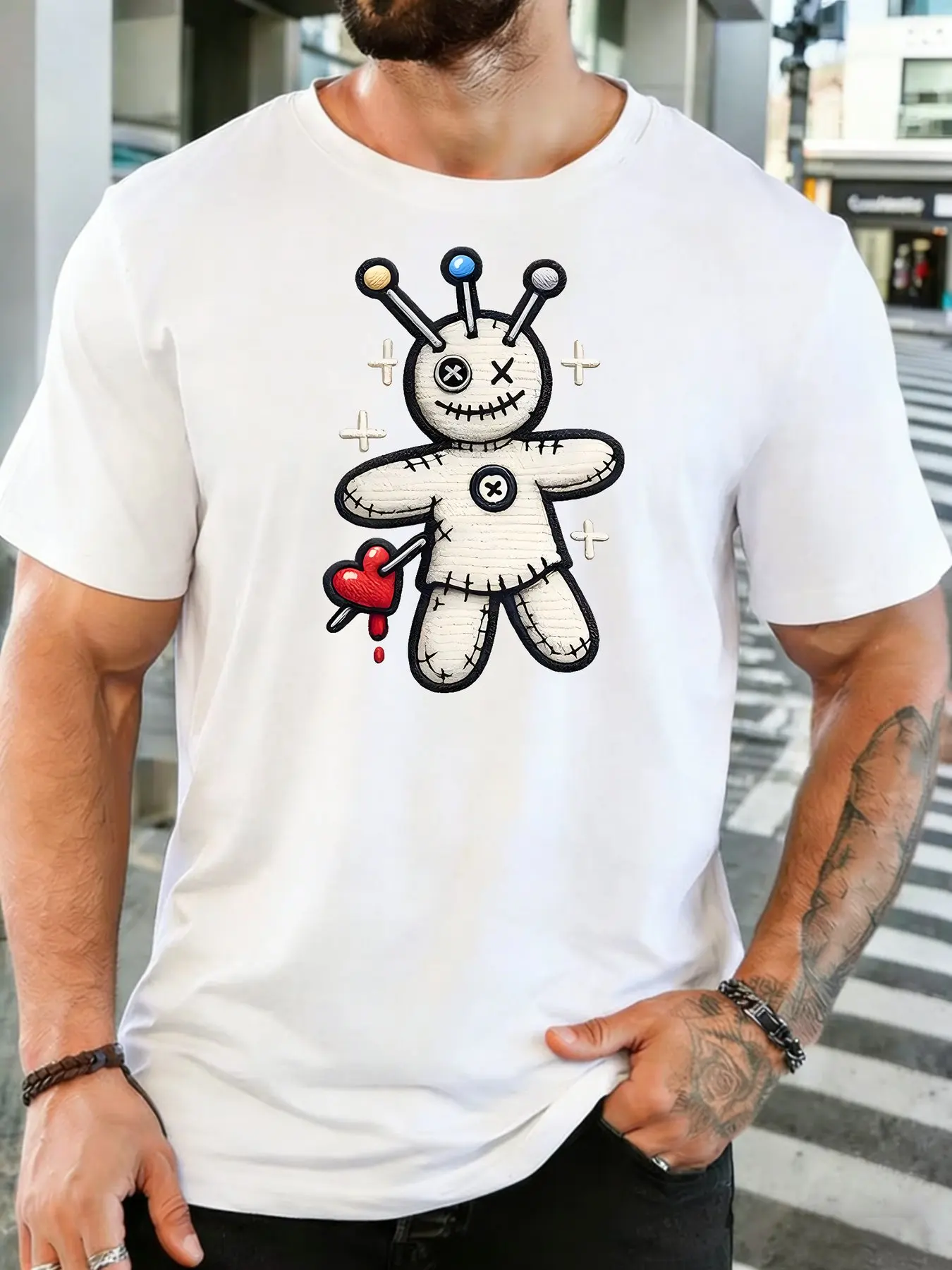 Fashion Mens Black Basic Tee Stitch Voodoo Doll Pin Heart Cross Accent Gothic Witchcraft Spooky Casual Short Sleeve Shirts