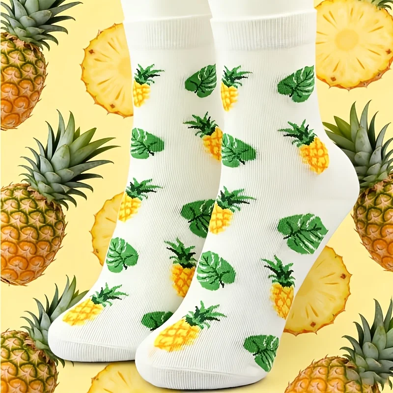 

1 Pair Of Four Season Unisex Personalized Fashionable Trendy Pineapple/Leaf Pattern Versatile Soft And Comfortable Long Socks