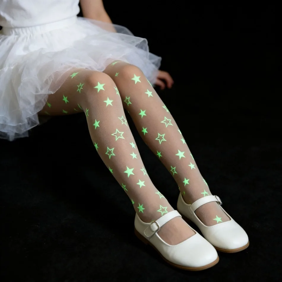 Kids Glow In The Dark Heart Tights Sheer Luminous Star Butterfly Heart Dot Pattern Pantyhose Girls Halloween Party Socks XH42