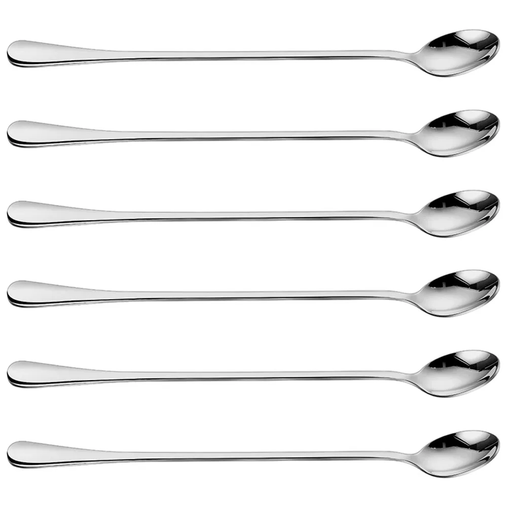 

6pcs Long Handle Mixing Spoon Stainless Steel Scoop Cocktail Stirring Coffee Dessert Utility Kitchen