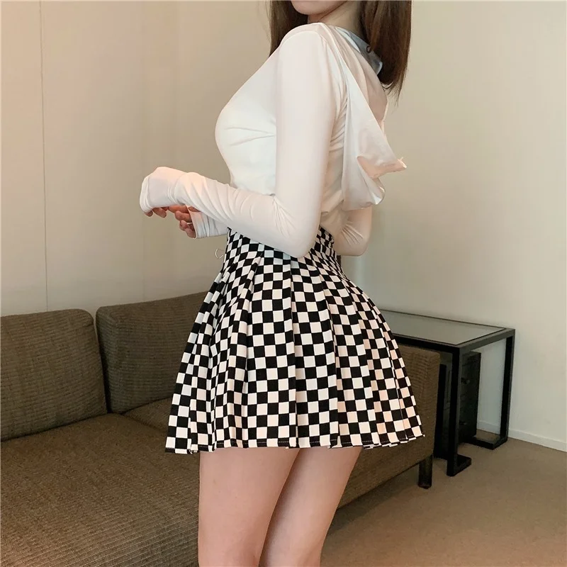 KUSAHIKI Black White Plaid Pleated Skirt Women Korea High Waist Causal A-line Autumn Fashion Faldas Mujer Moda 2023 6V299