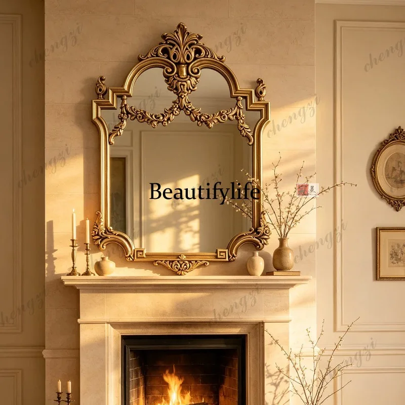 French retro bathroom mirror wall-mounted luxury carved restaurant wall-mounted decorative mirror makeup mirror
