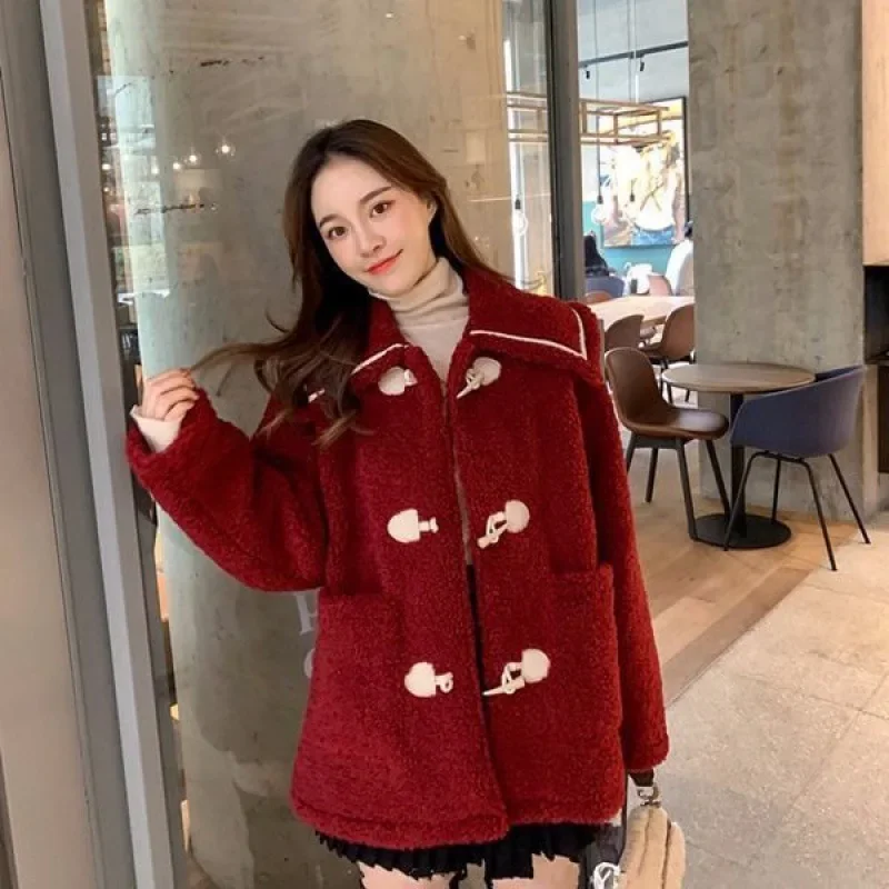 Woolen Women  Jacket Women Winter Coat Vintage Button Thick Chill Loose Fluffy 2024fashion