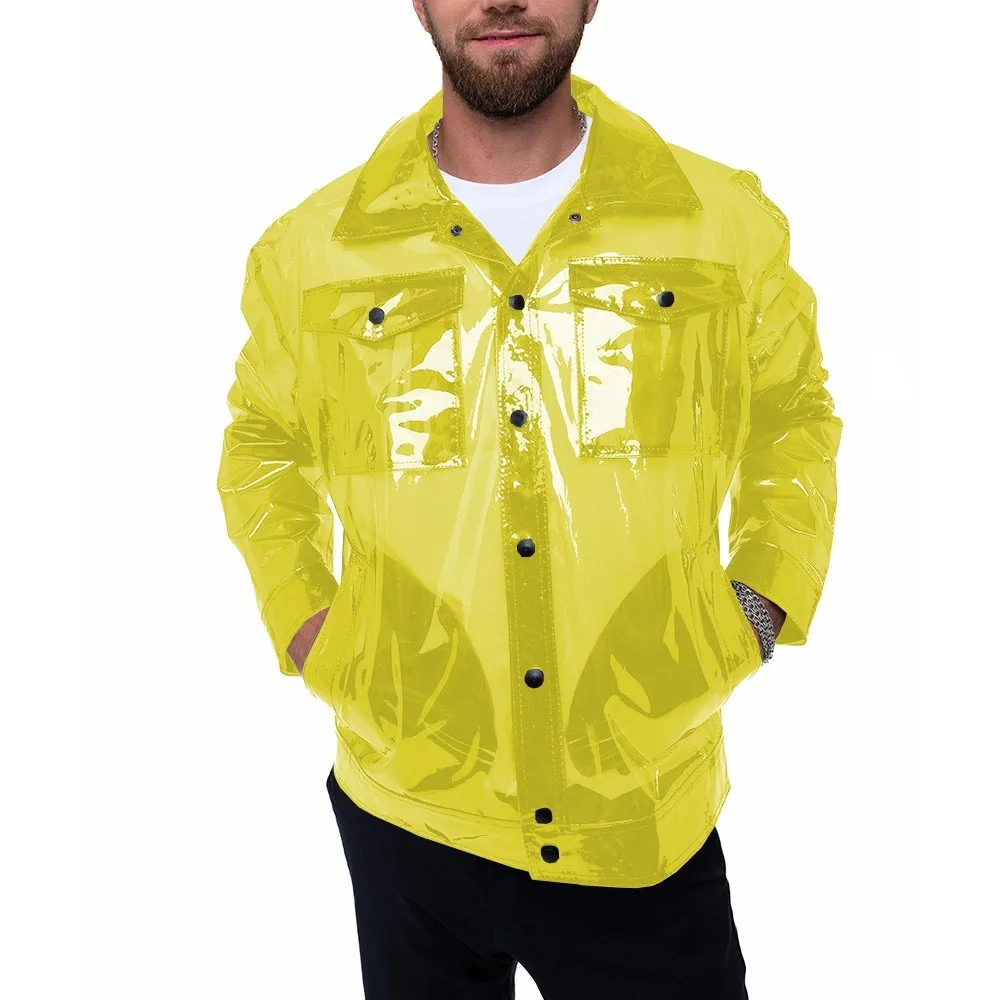 

Men’s Punk Transparent Vinyl Jacket Gothic Moto Pocket Clear PVC Long Sleeve Jackers Fashion Male Fetish Plastic Coats Outerwear