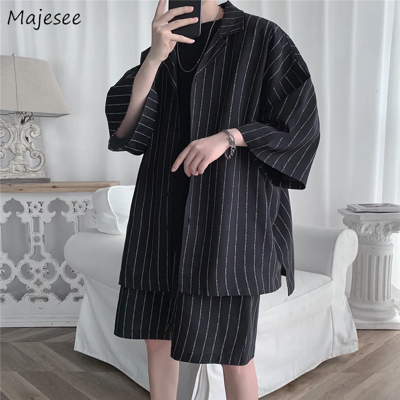 Shirts Shorts Sets Men Striped Design Simple Fashion Ulzzang Oversize Summer New Popular Loose Breathable Student Notched Casual