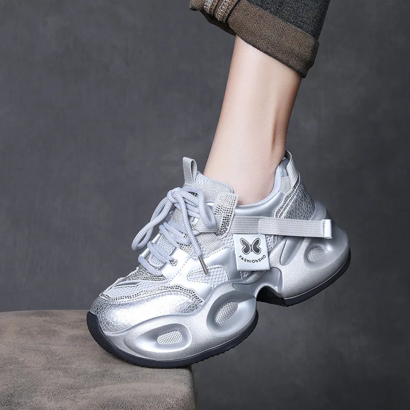 Natural Cow Genuine Leather Casual Sports Shoes Women Natural Soft Loafer Thick Sole Chunky Daddy Shoes Girls Footwear