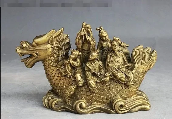 China Fengshui Brass Eight Immortals 8 God Rode Dragon Fish Buddha Statue