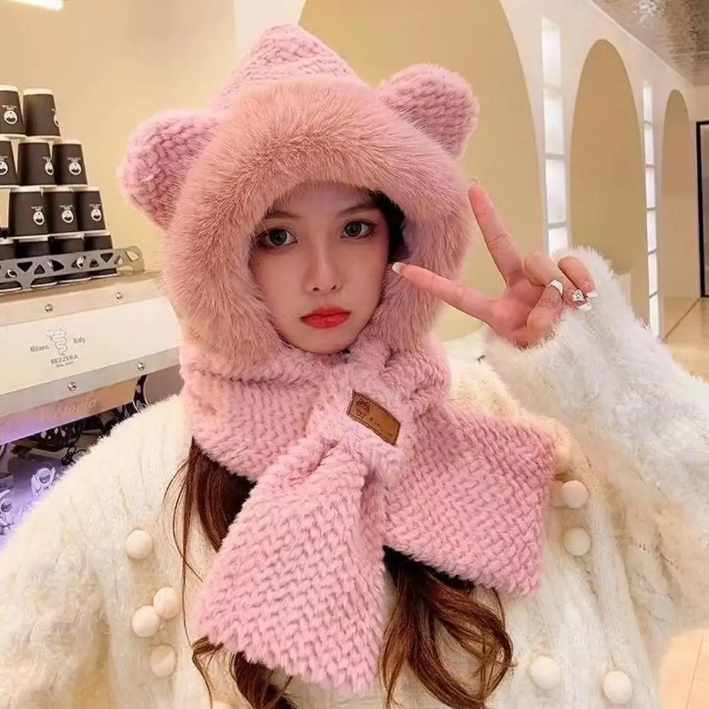 Lovely Beanie Hat Scarf Set Women Faux Fur Warm Winter Hat Children Parent Neck Circle Scarf Ski Snow Hat Plush Bear Cap