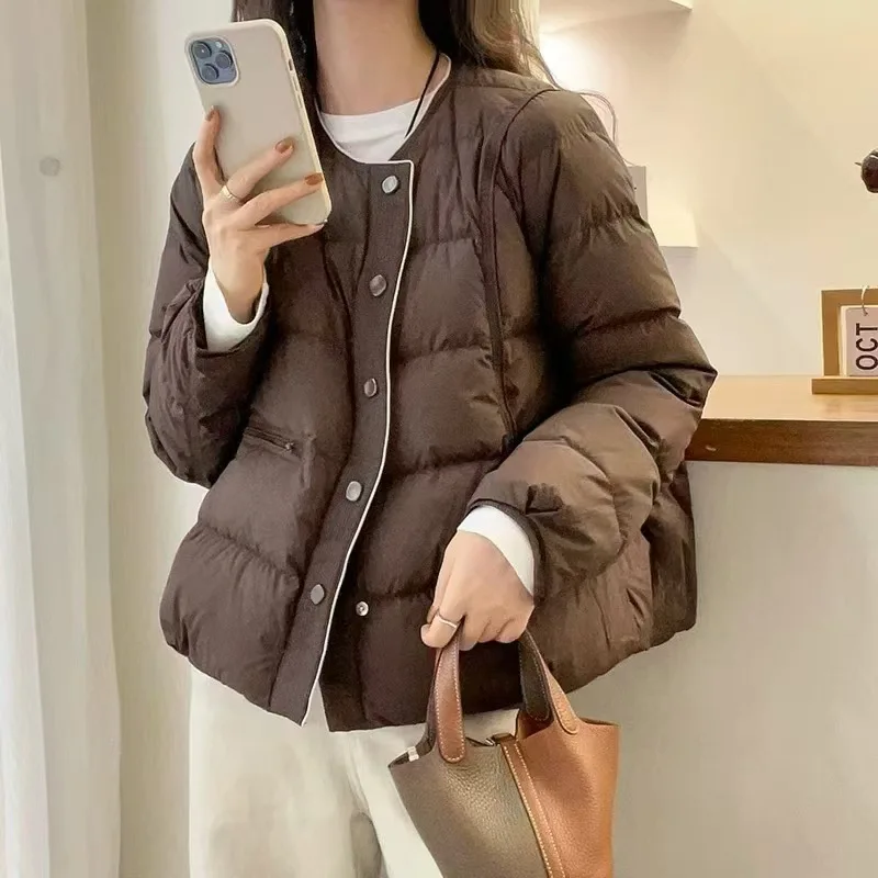 Down Jacket Womens Short Winter White Duck Down Down Coat New High-end Quilted Lightweight Coat O-neck Single-breasted Top Trend