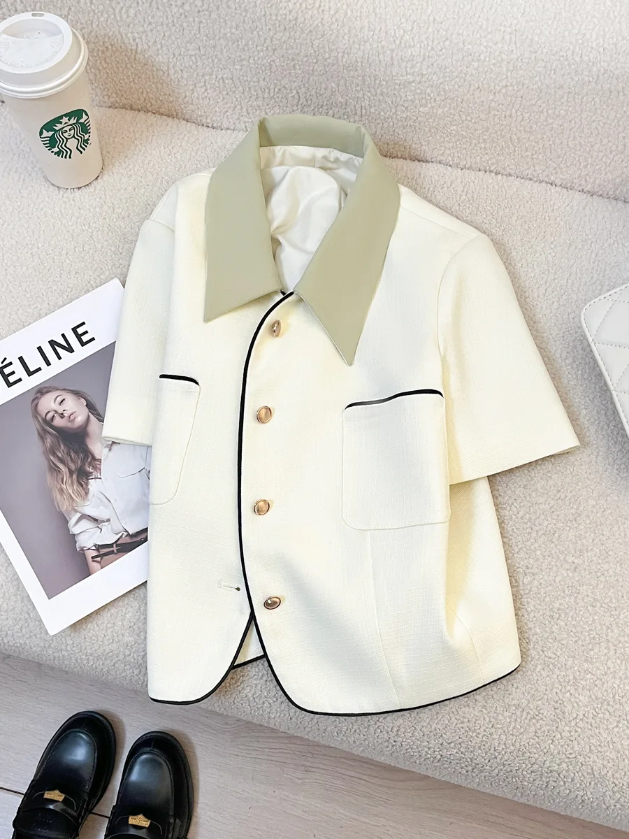 Spring and summer women's casual solid color lapel short sleeved jacket