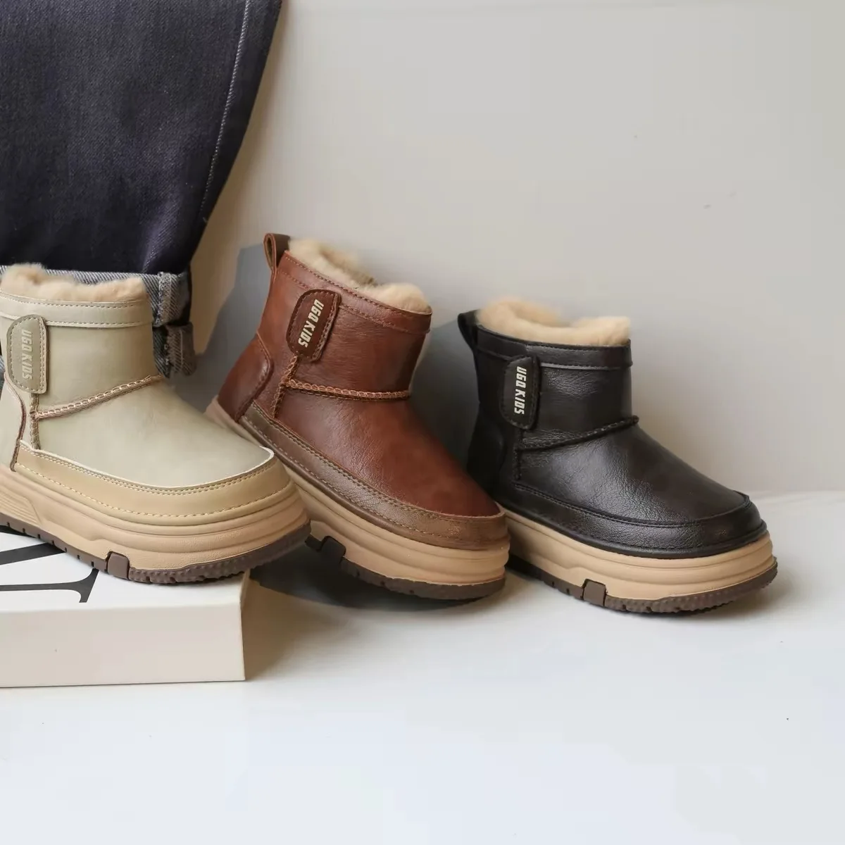 Kids'Boots PU Leather Solid Color Fashion Winter Boots For Children Anti-slip Warm Designer Brown Black Shoes Size 26-37
