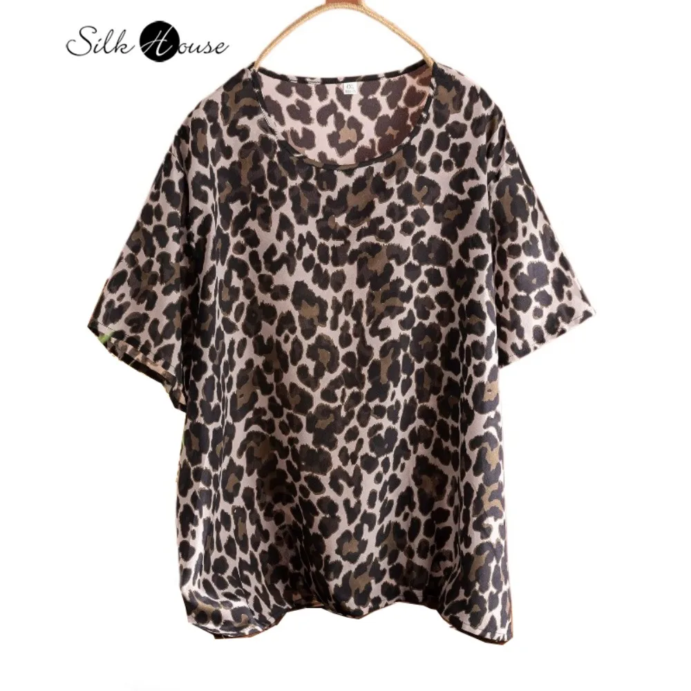 أزياء ليوبارد طباعة 100% التوت الطبيعي الحرير كريب دي تشاين جولة الرقبة قصيرة الأكمام فضفاضة مريحة اليومية المرأة تي شيرت