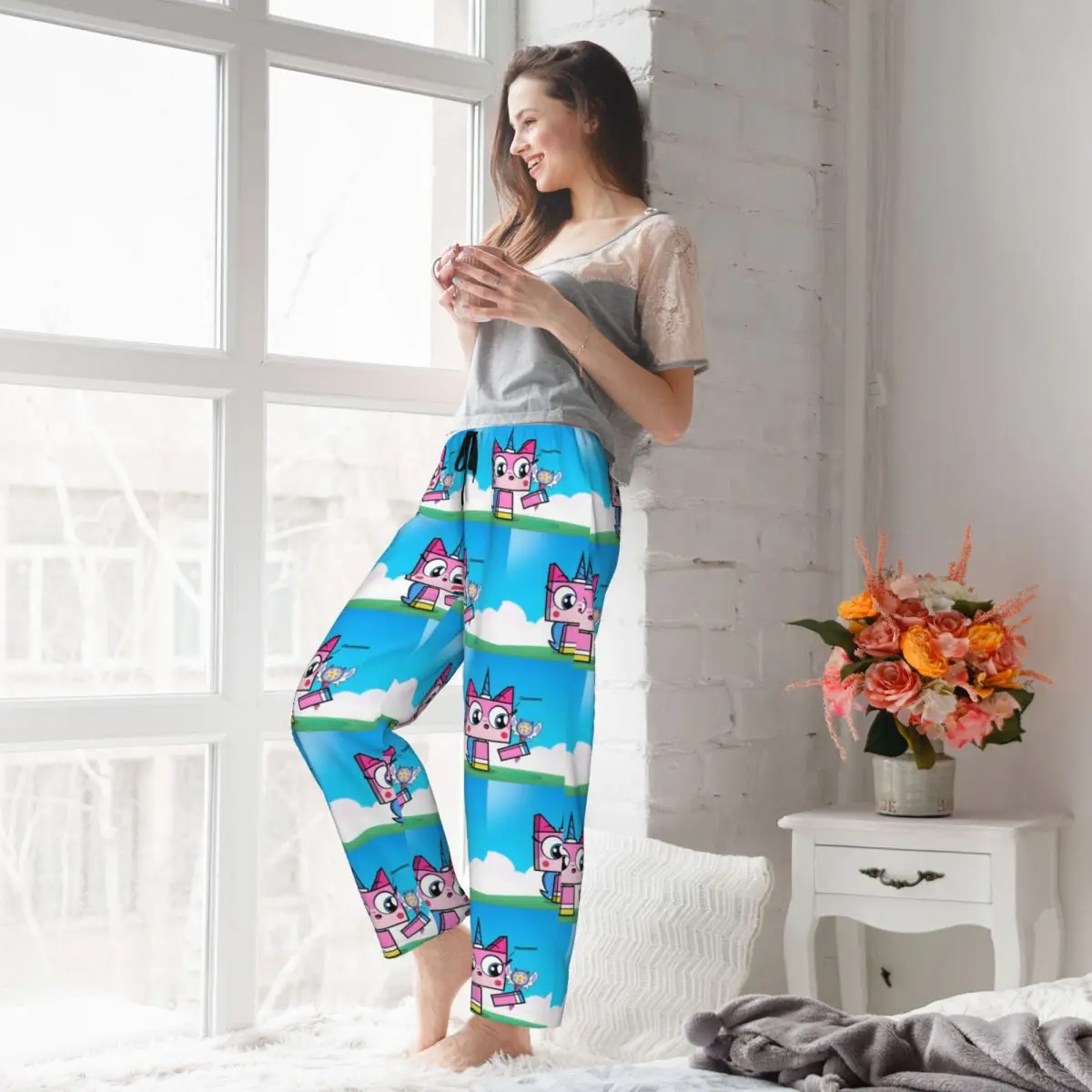 Pantalones de pijama Unikitty personalizados, ropa de dormir bonita de dibujos animados para mujer, pantalones para dormir elásticos con bolsillos
