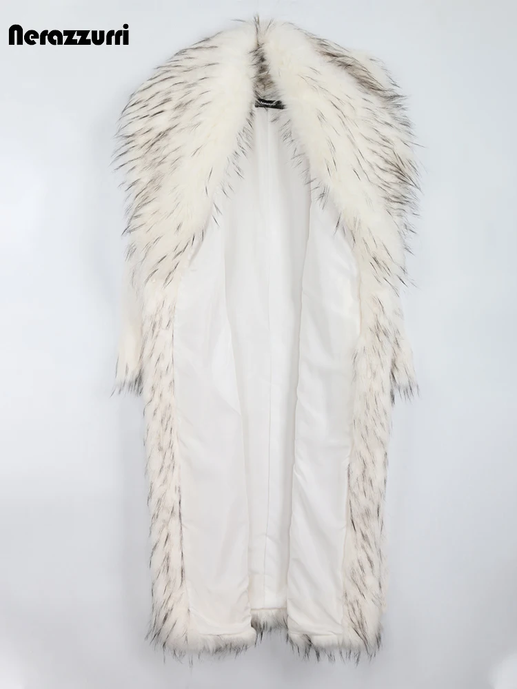 Nerazzurri Winter Long White Thick Warm Luxury Elegant Fluffy Faux Fur Coat Women with Fox Fur Trim Sashes European Fashion 2022