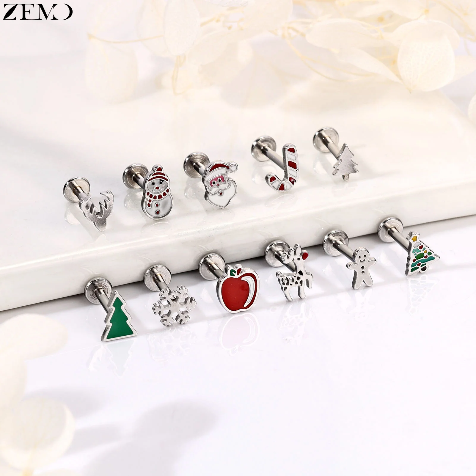 ZEMO 1 Piece Christmas 16G Stainless Steel Labret Lip Piercing Candy Cane Santa Claus Ear Stud Cartilage Conch Piercings 6MM/8MM
