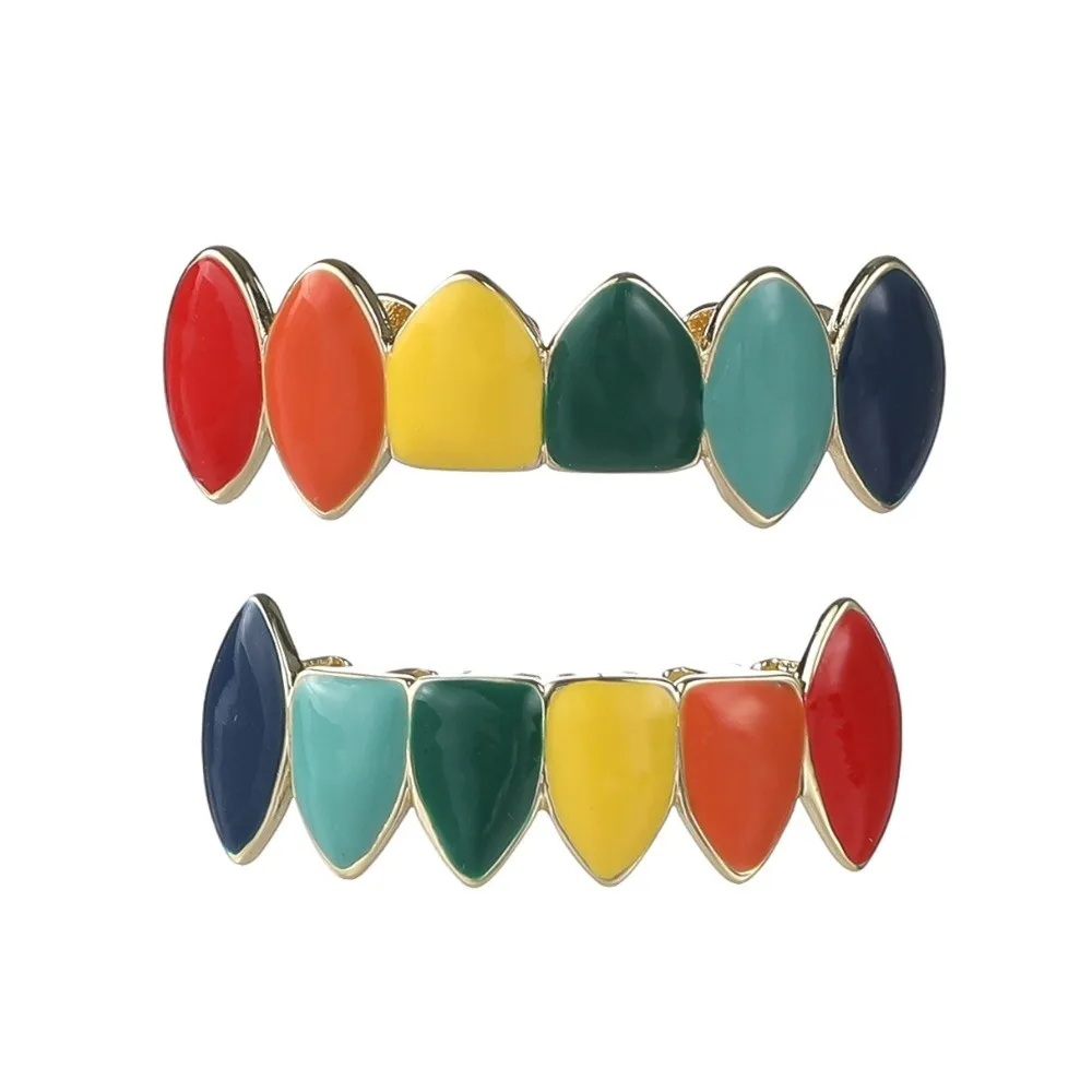 6 Teeth Hip Hop Braces Decoration Exaggerate Design Top Bottom Set Colorful Dental Jewelry Shiny Glossy Finish Teeth Grills