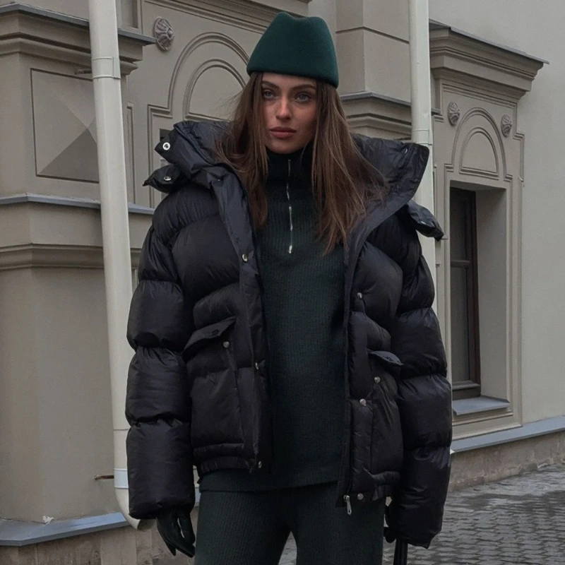 Cross Border Black Cotton Outerwear 2026 Winter New Fashion Style Elegant Square Pocket Loose Warm Hooded Cotton Coat for Women