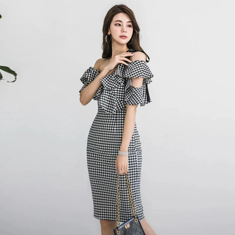 Women Plaid Flounce Neck Dress Off Shoulder Business OL Lady Office Dress Elegant Sexi Party Dinner Date Banquets Koren Dresses