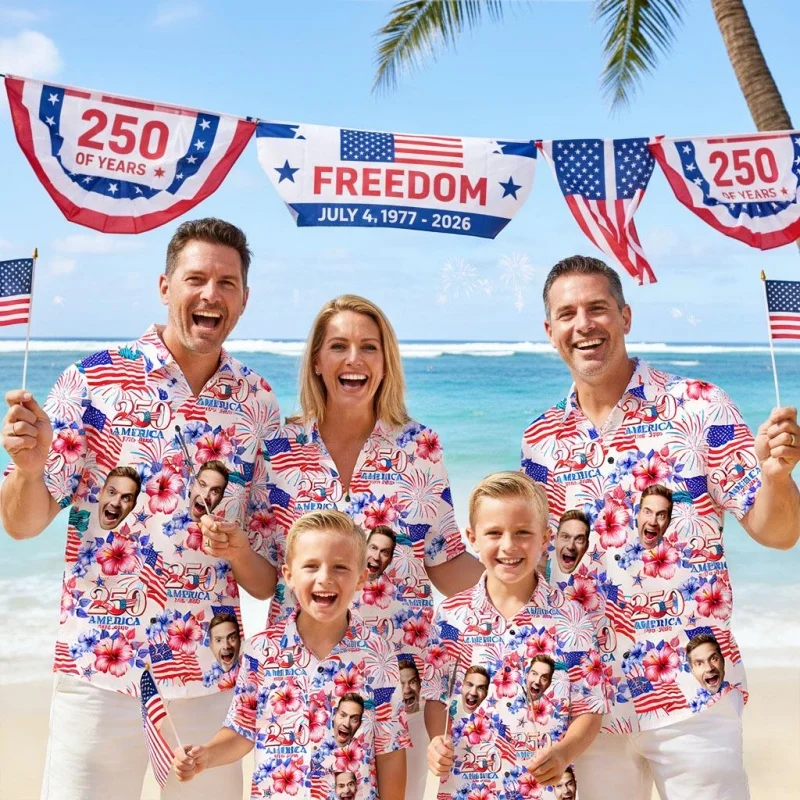 

Customized USA 250th Anniversary Family Hawaiian Shirt Unisex 3D Print Funny Face Flag Summer Button Blouses Lapel Aloha Shirts