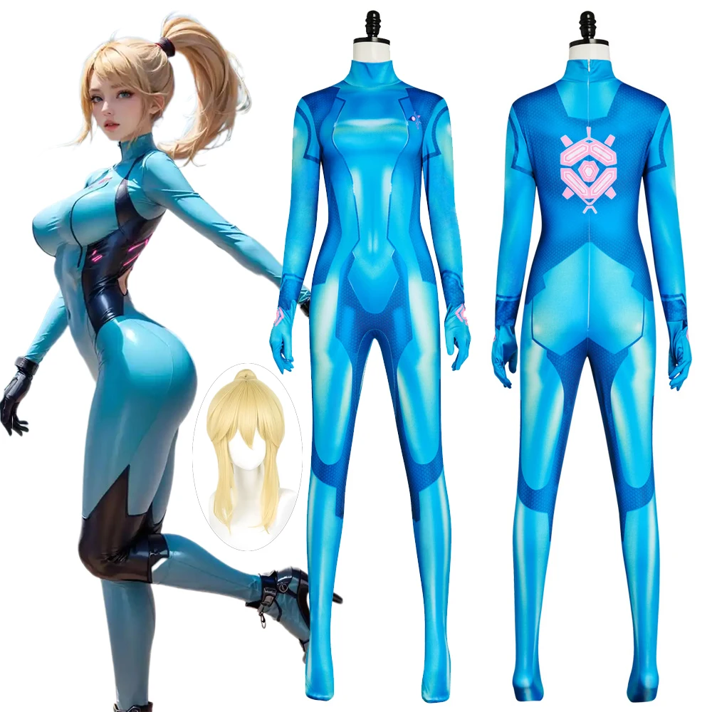 

Samus Aran Game Hero Cosplay Costume Adult Women Blue Print Jumpsuit Anime Halloween Party Role-playing Bodysuit Power Suit