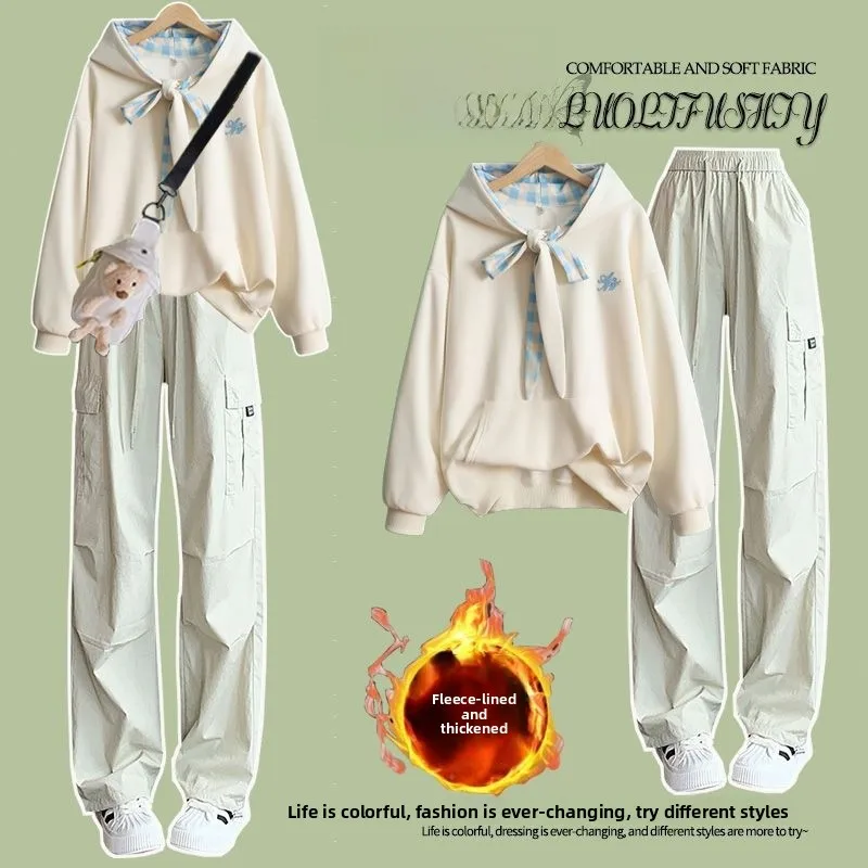 

Fashionable Fleece Lined Hooded Outfit for Women Casual Workwear Pants Autumn Winter College Style Ensemble Breathable Warmth...