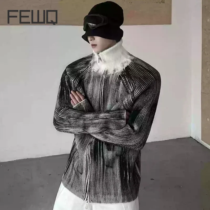 FEWQ Tie-dye Washing Men's Turtleneck Sweaters Vintage Zippers Knitting Contrast Color Male Coats Niche Design Menswear 24E5816