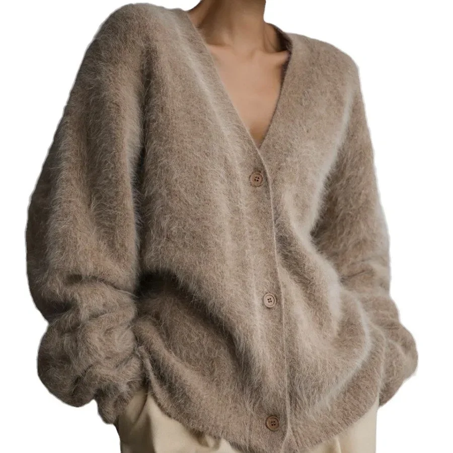 Vintage Soft Leisure Loose Fitting V-neck Sexy Sweater Outerwear 2024 Imitation Mink Fur Knit Single Breasted Cardigan Coat