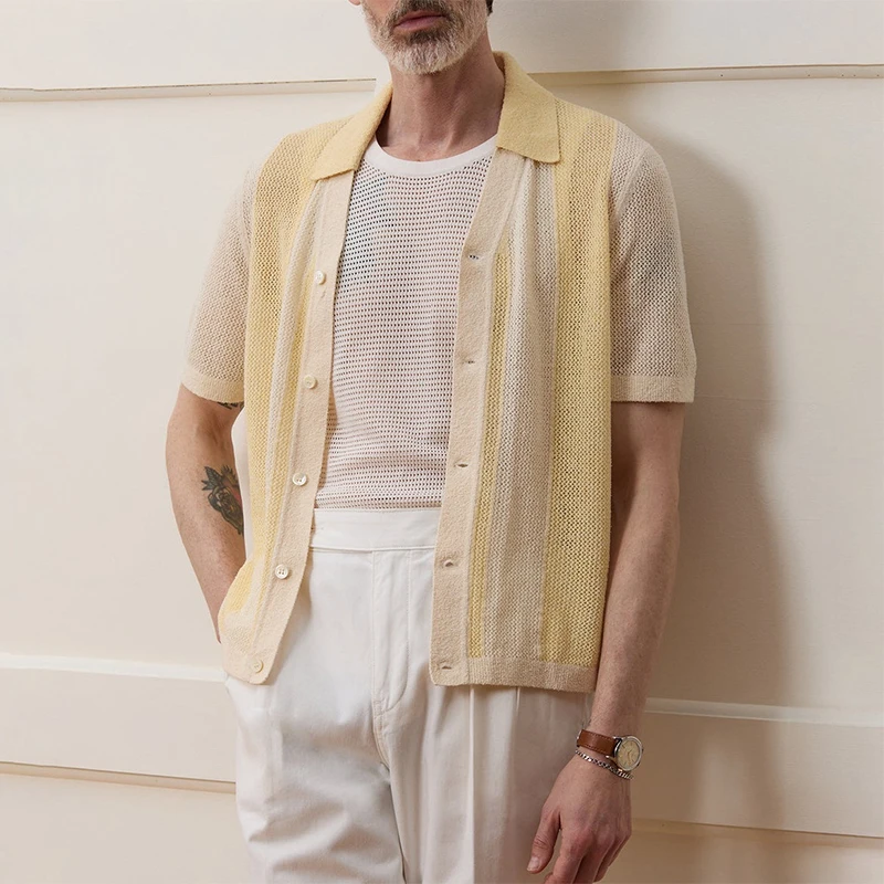2025 Summer Trendy Hollow Out Knit Shirt For Men Daily Leisure Short Sleeve Button Lapel Cardigans Mens Vintage Knitting Shirts