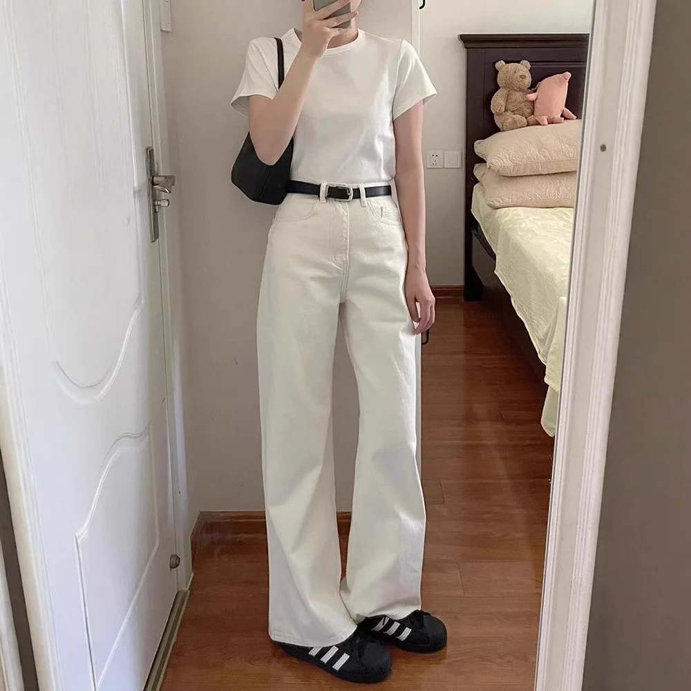 

White Wide Leg Loose Women's Jeans Slim Straight High Waist Cotton Folded New Style Summer 2025 Small Size Narrow Version